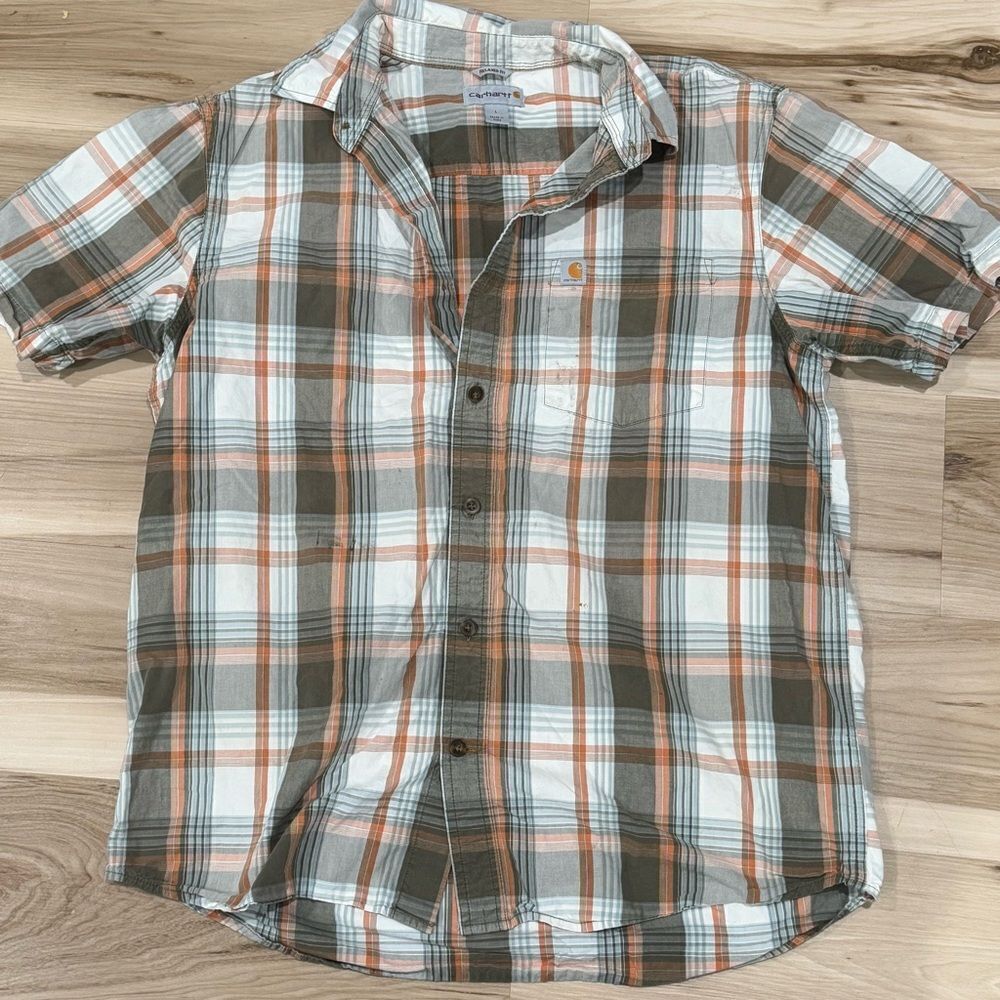 Carhartt Relaxed Fit Short Sleeve Plaid Cotton Button Up Brown Orange Mens Large